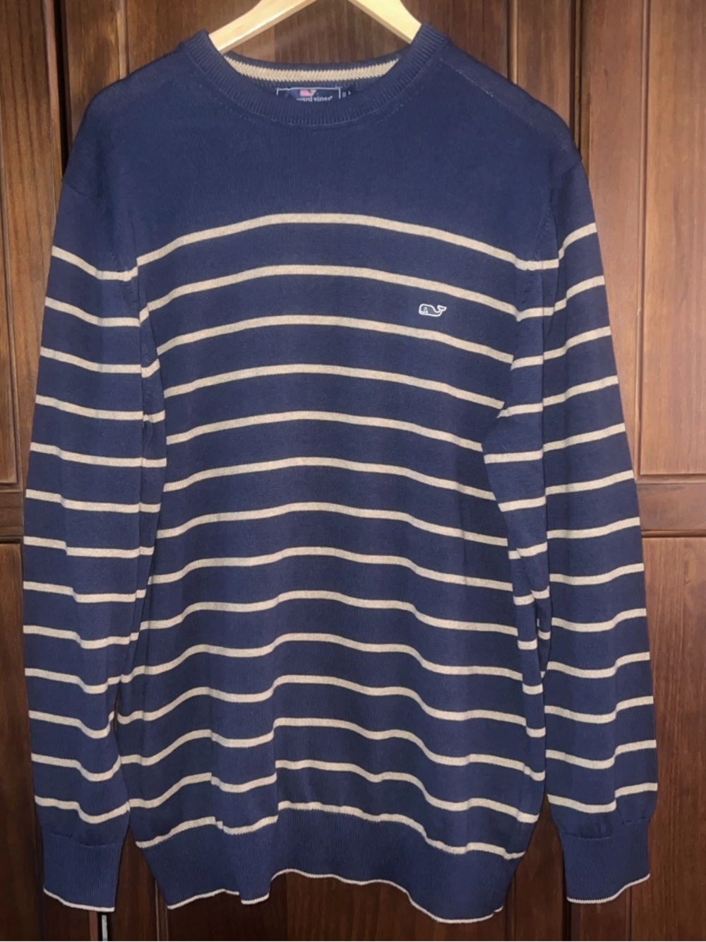 Nautical Coastal Classic Prep Cotton Striped Crewneck Sweater Embroidered Whale
